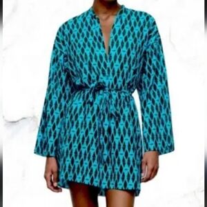 Nwt-Zara REECE Teal & Black Abstract Print Cotton Dress With Tie Belt